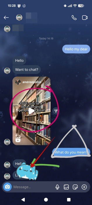 Долгое нажатие на реакционный стикер в DM Instagram на Android