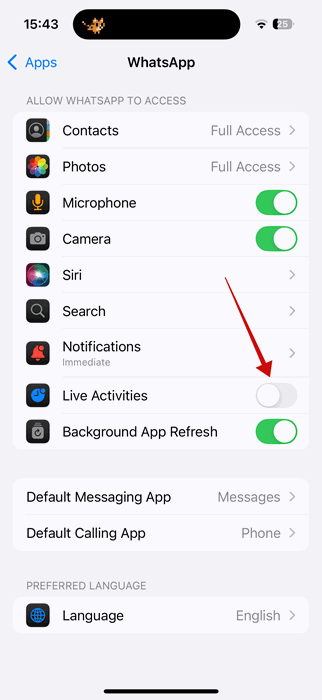 Отключение Live Activities для приложения в Настройках iPhone