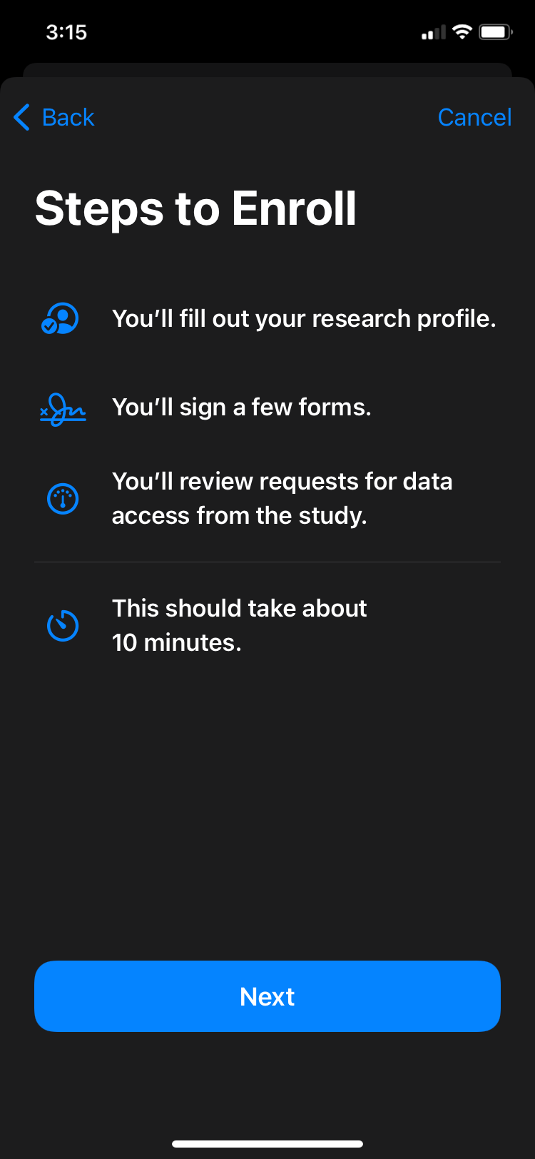 Экран записи в исследование в приложении Apple Research
