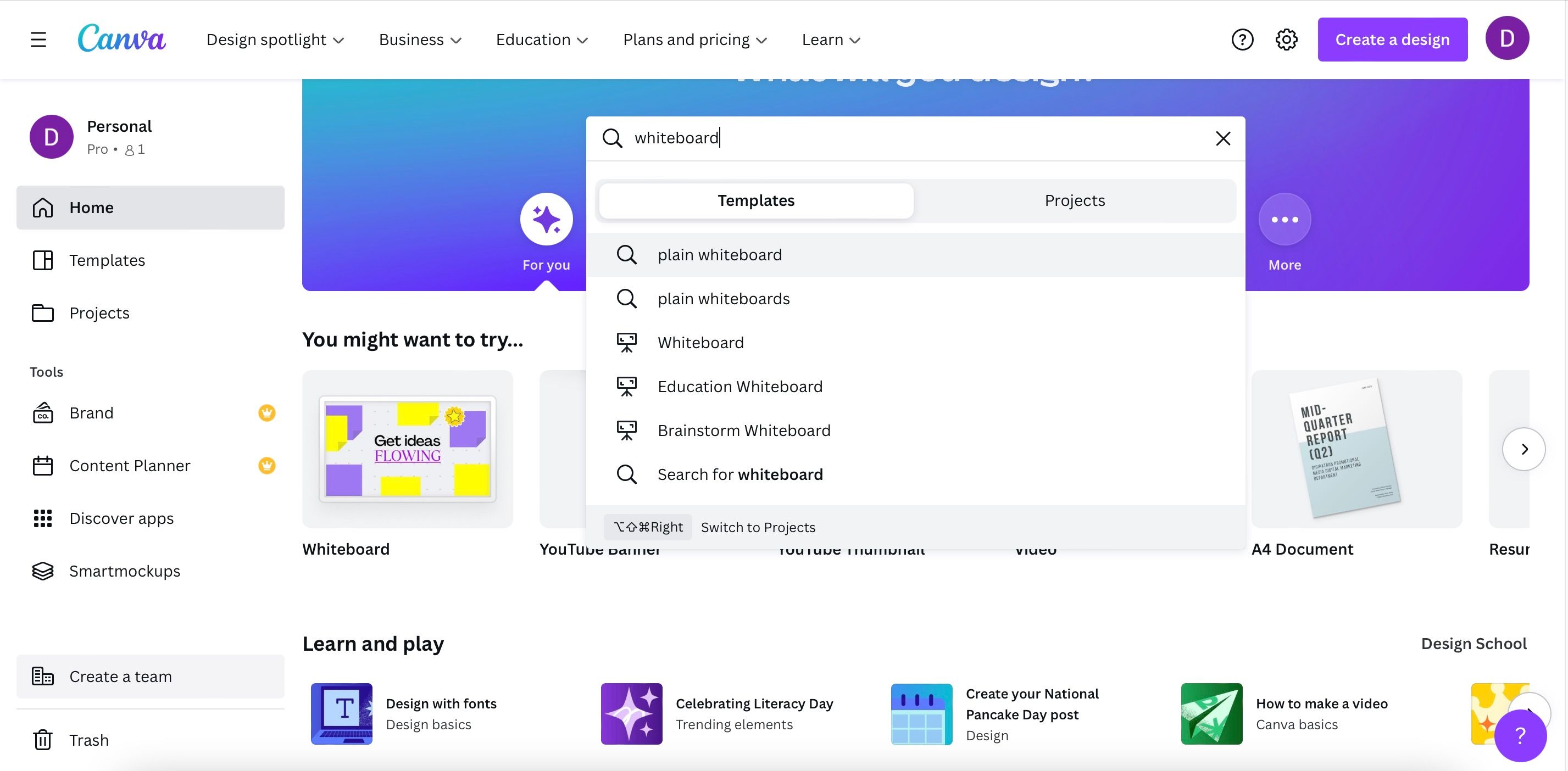 Скриншот опций Brainstorm Whiteboard в Canva