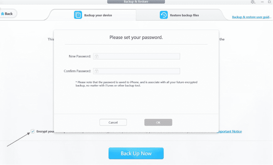 DearMob: опция шифрования резервной копии и ввод пароля