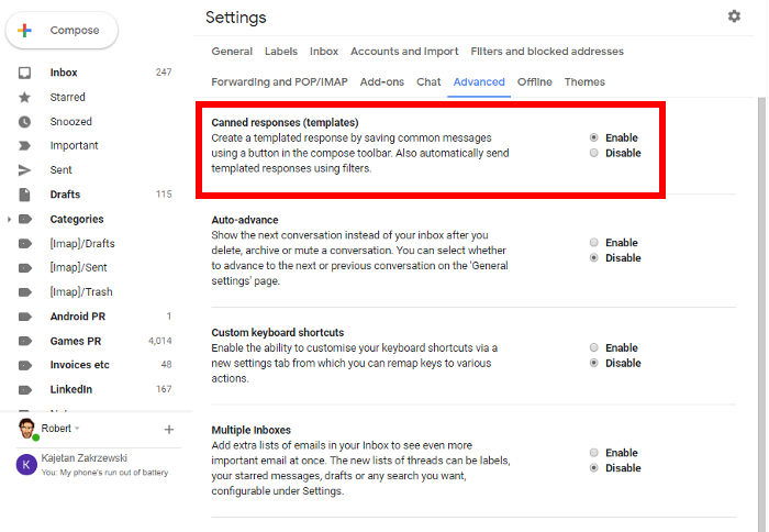 Включение функции Canned responses в настройках Gmail