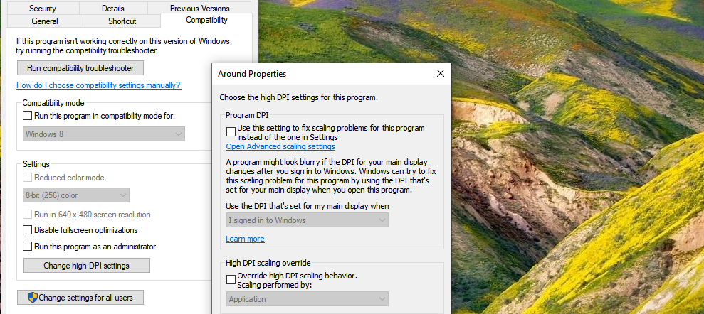 Окно свойств программы