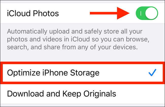 Включите iCloud Photos и выберите оптимизацию хранения