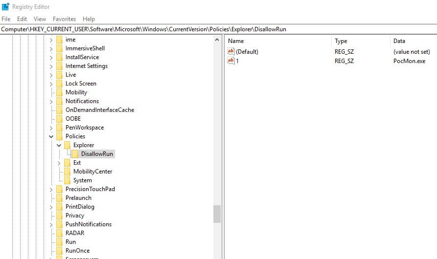 Создание строкового значения 1 в DisallowRun