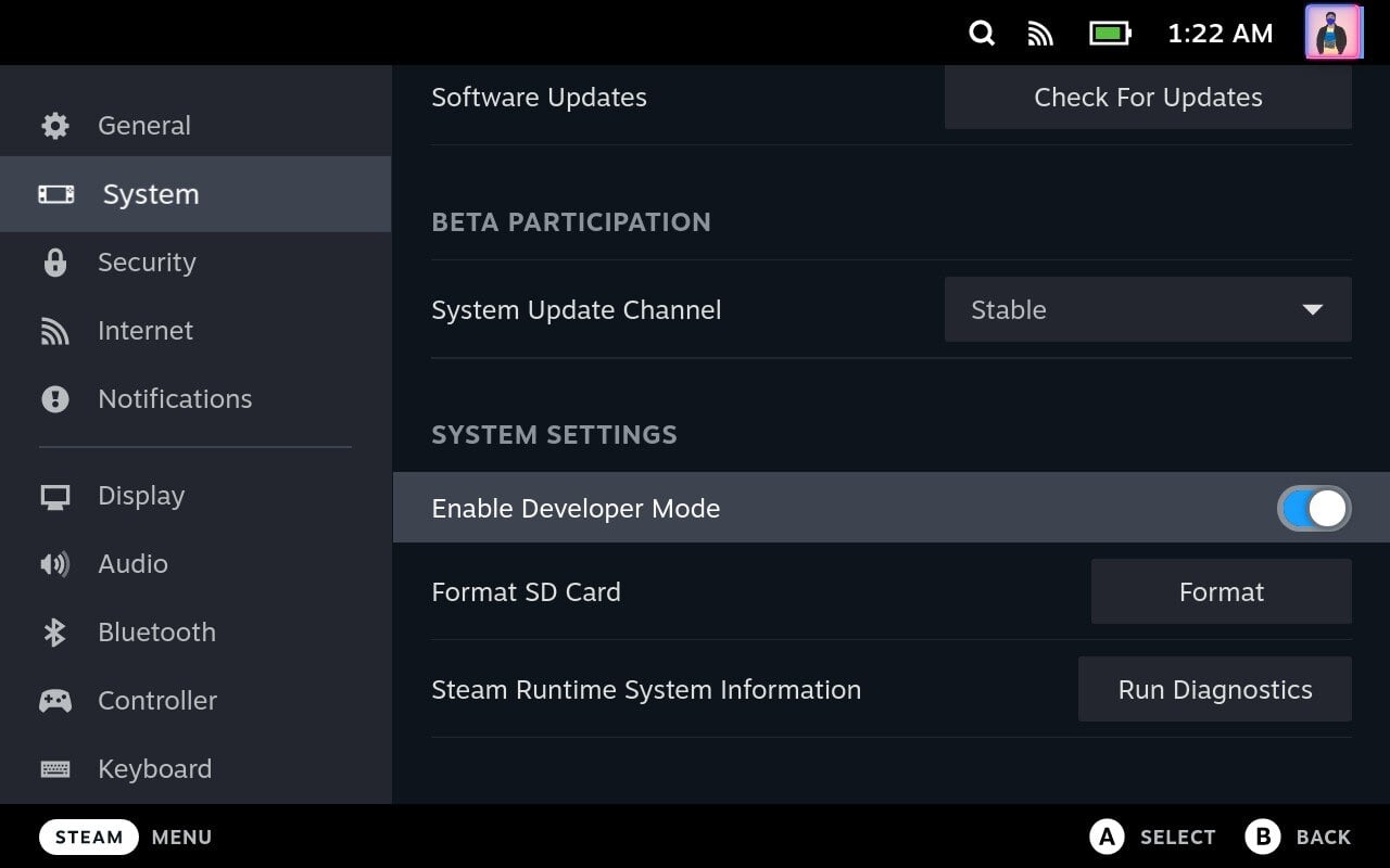 Включение режима разработчика в настройках Steam Deck