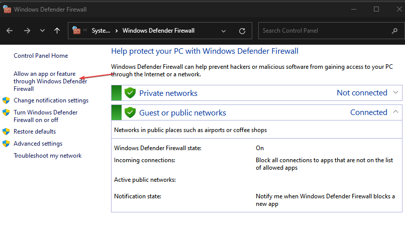 скриншот: окно настроек брандмауэра