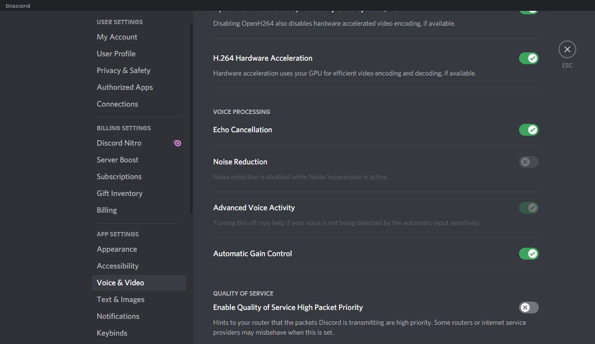 Отключение функции QoS High Packet Priority в настройках Discord