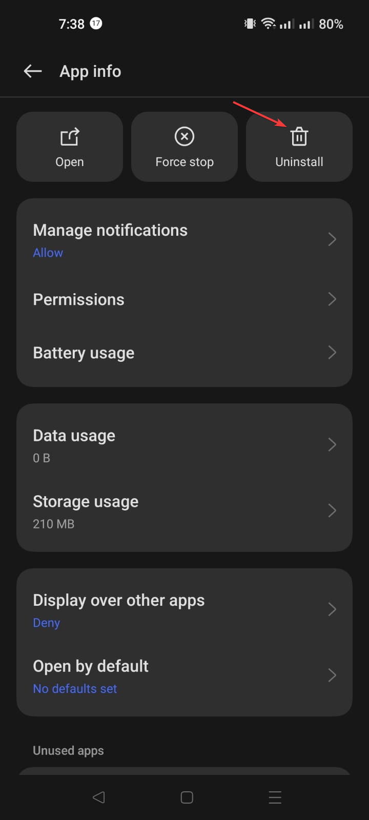 Кнопка 'Удалить' приложения Discord