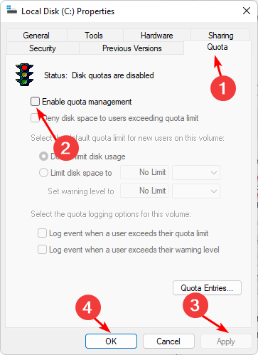 Вкладка Квоты — параметр включения управления квотами