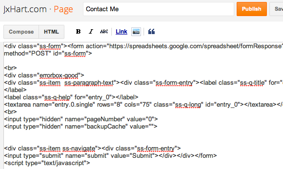 Предварительный просмотр вставленной формы в панели Blogger