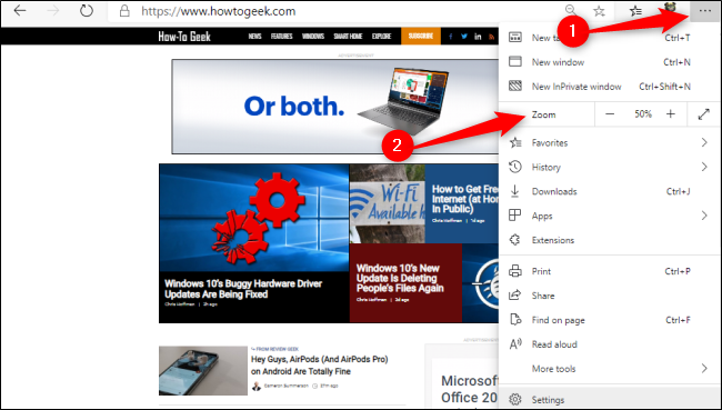 Меню с элементами управления масштабом Edge