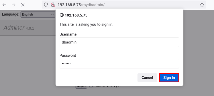 Окно базовой аутентификации Apache перед Adminer
