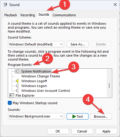 Выбор события уведомления в параметрах звука