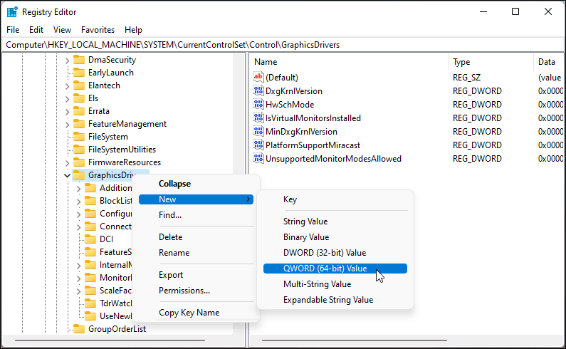Создание QWORD в редакторе реестра