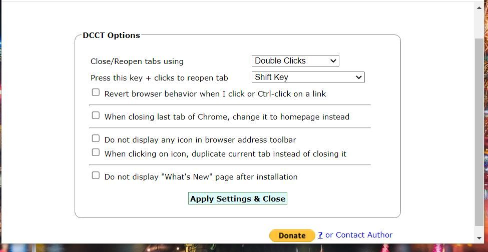 Параметры расширения Double Click Closes Tab