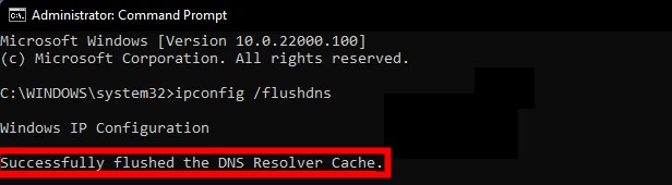 Подтверждение успешного выполнения команды очищения DNS в окне CMD