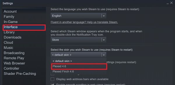 Выбор скина в настройках клиента Steam