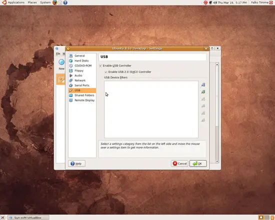 Опция включения USB‑контроллера и USB 2.0 в настройках VirtualBox