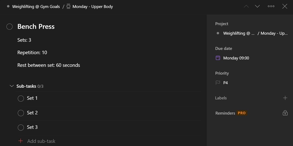 создание подробного плана жима лёжа в Todoist