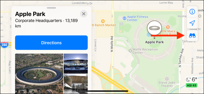 Нажмите на значок бинокля, чтобы войти в режим Look Around из любой точки