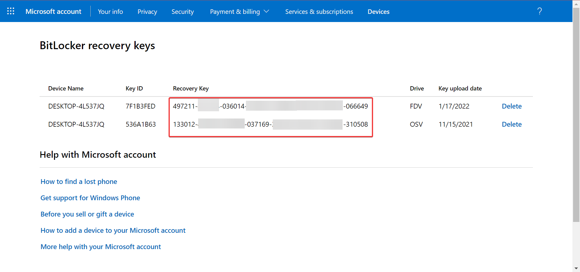 Список устройств в учётной записи Microsoft с ключом восстановления BitLocker