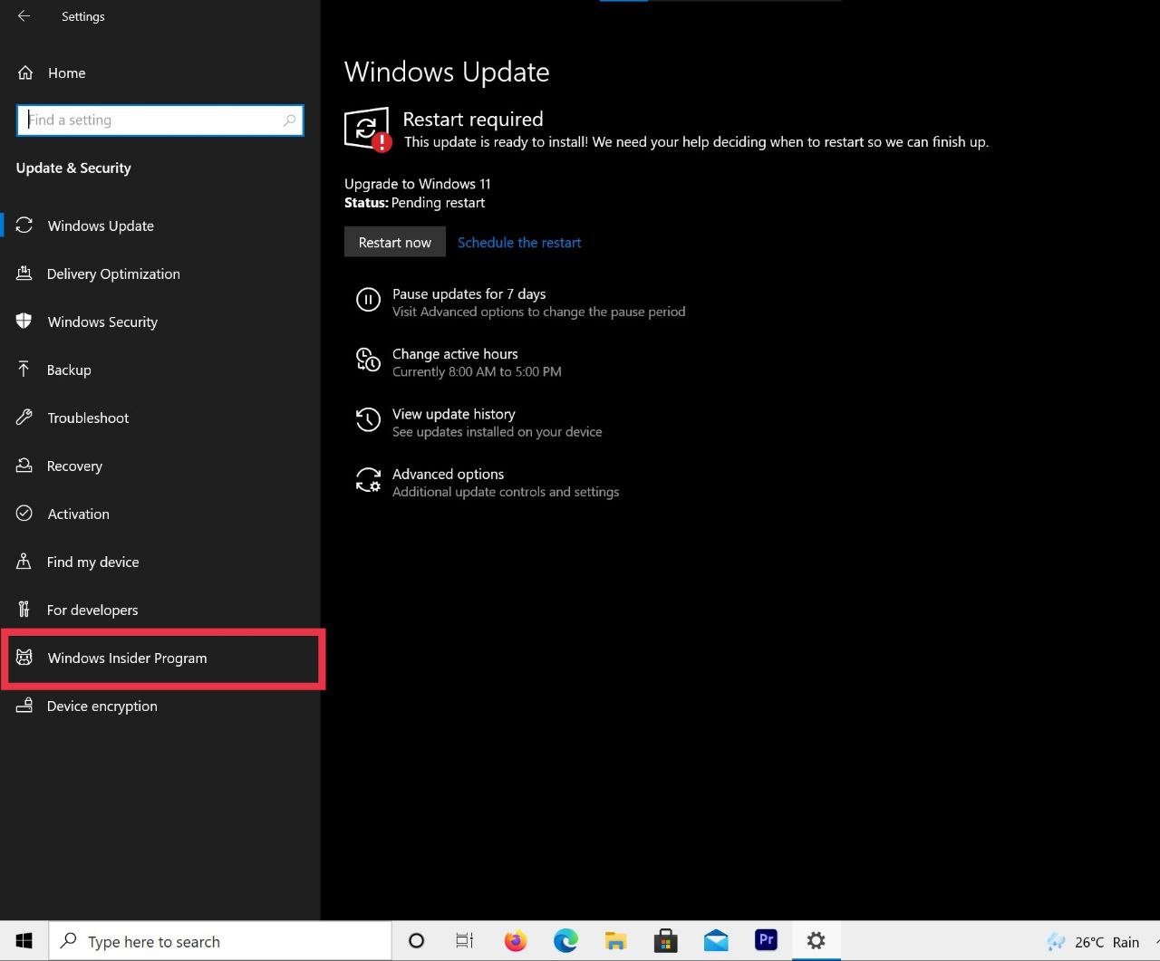 Выбор программы Windows Insider в параметрах обновления