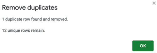 Сообщение о найденных и удалённых дубликатах