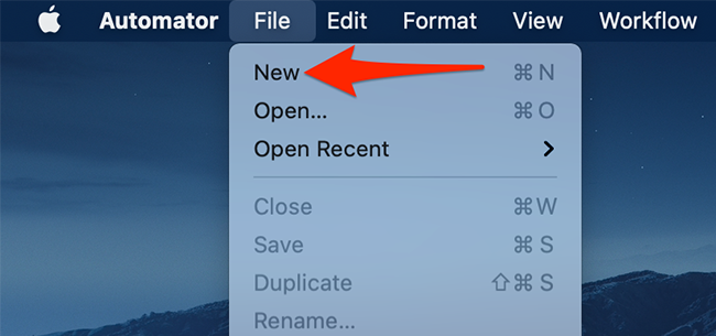 Меню Automator: Файл > Создать