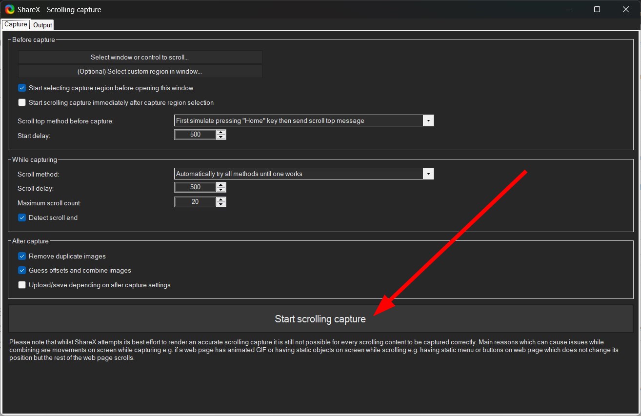 Кнопка Start scrolling capture в ShareX