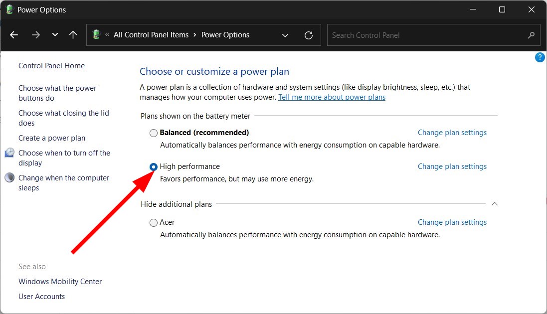 Выбор плана «Высокая производительность» в настройках питания