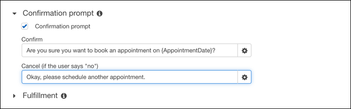 Настройки подтверждения действия в AWS Lex