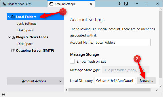 Откройте «Локальные папки» и нажмите «Обзор».