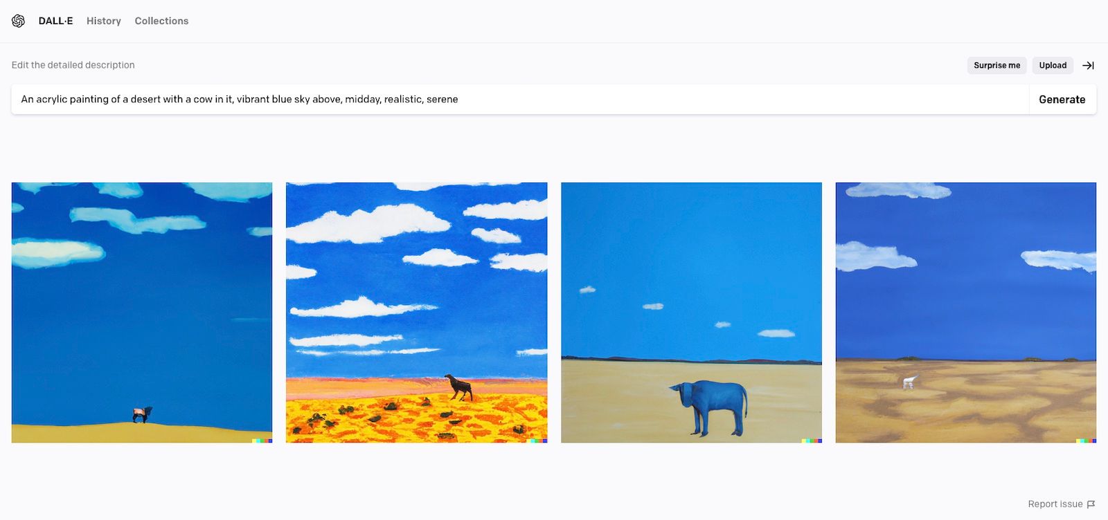 Четыре версии: пустыня с коровой на переднем плане, акрил.