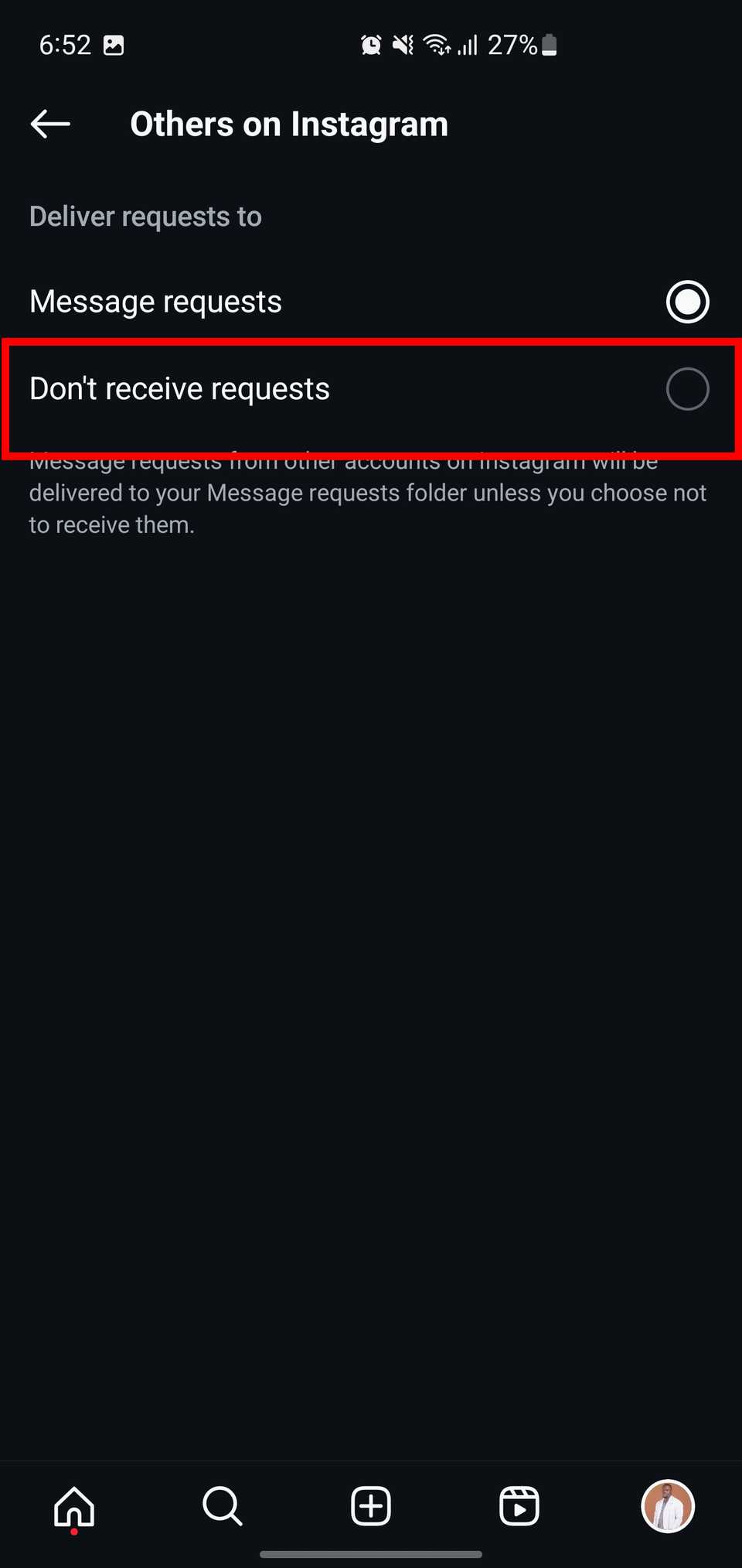 Выбор опции «Не получать запросы» для других в Instagram.