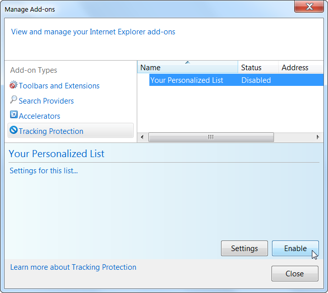 Окно защиты от отслеживания в Internet Explorer
