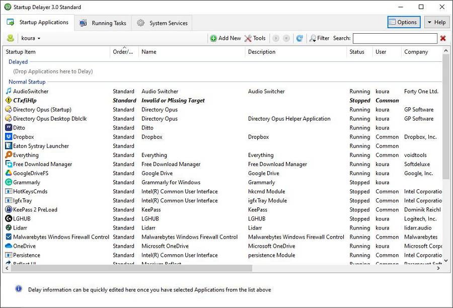 Startup Delayer startup entries list.