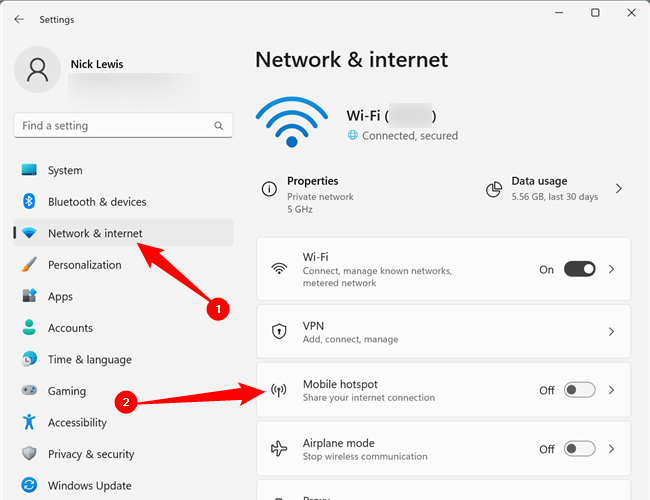 Откройте Сеть и Интернет → Мобильный хотспот в Параметрах Windows 11