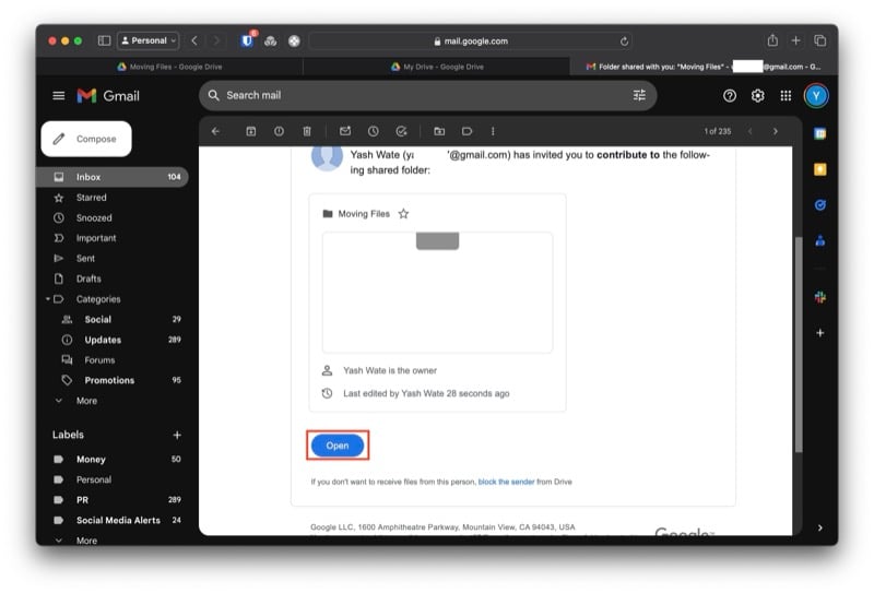 принятие приглашения для доступа к общей папке