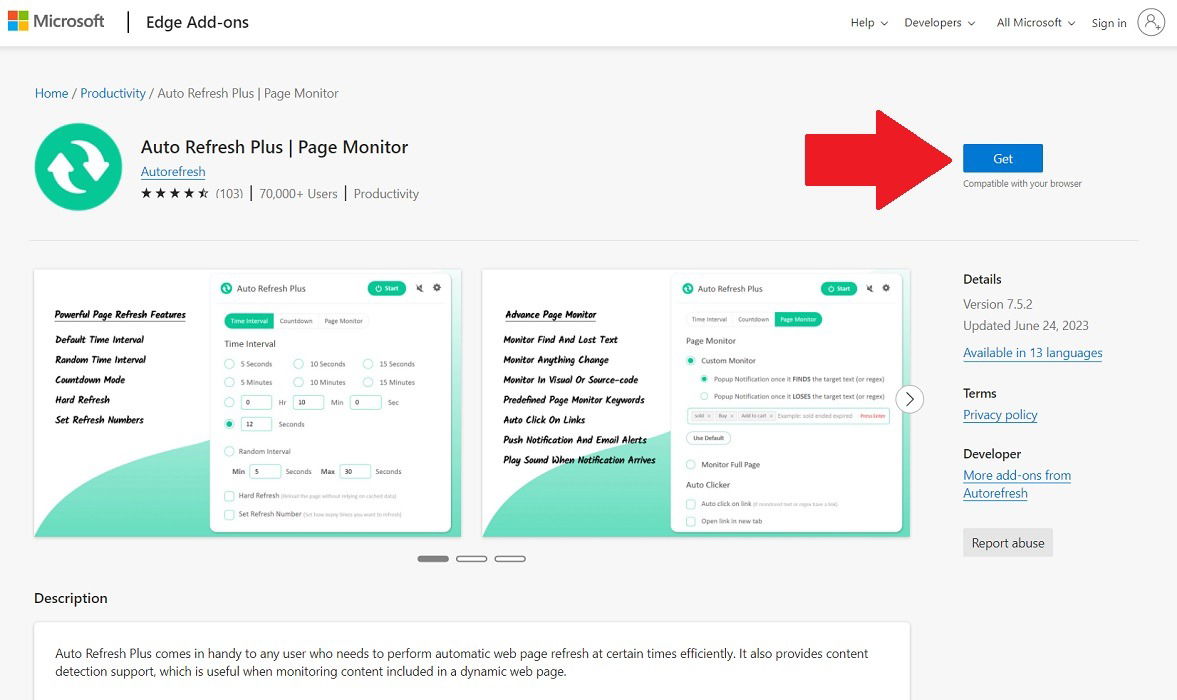 Интерфейс Auto Refresh Plus в Edge