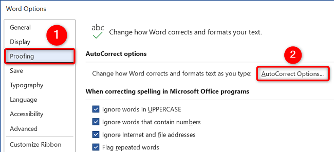 Окно Параметры Правописания и Автозамены в Word
