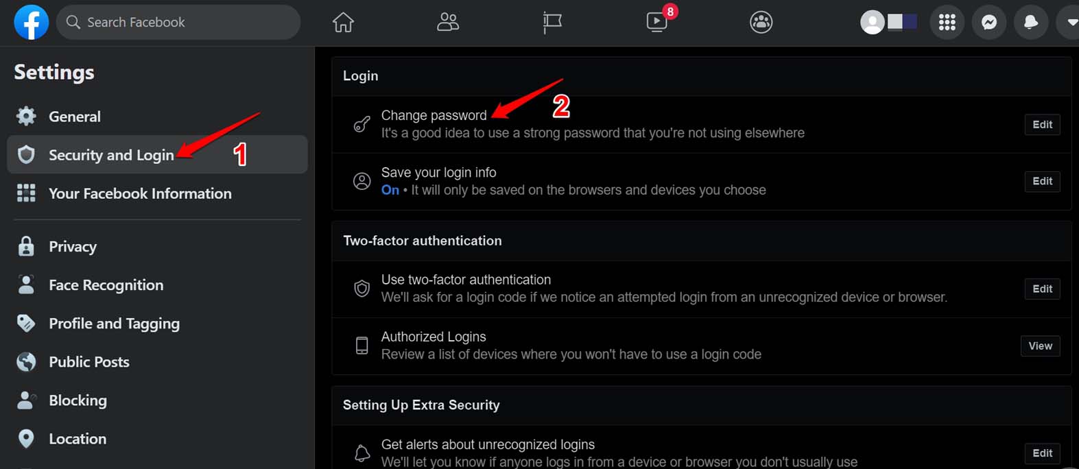 change facebook password