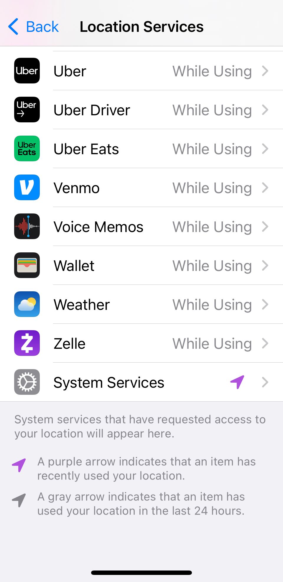 Список системных служб в настройках геолокации iPhone