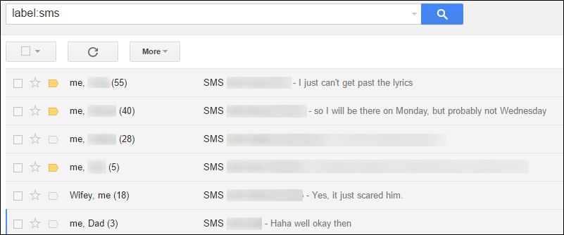Раздел SMS и MMS в почтовом ящике Gmail
