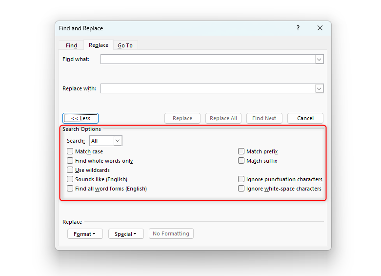 Окно 'Найти и заменить' с расширенными параметрами.