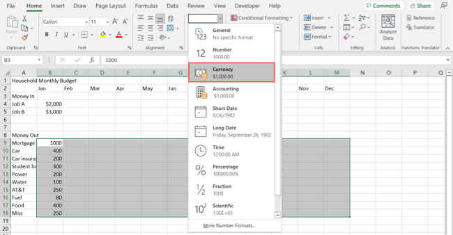 Форматировать как валюта в бюджете.