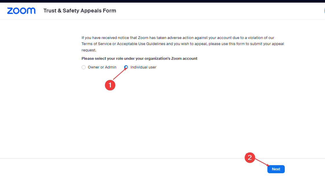 Форма апелляции на сайте Zoom