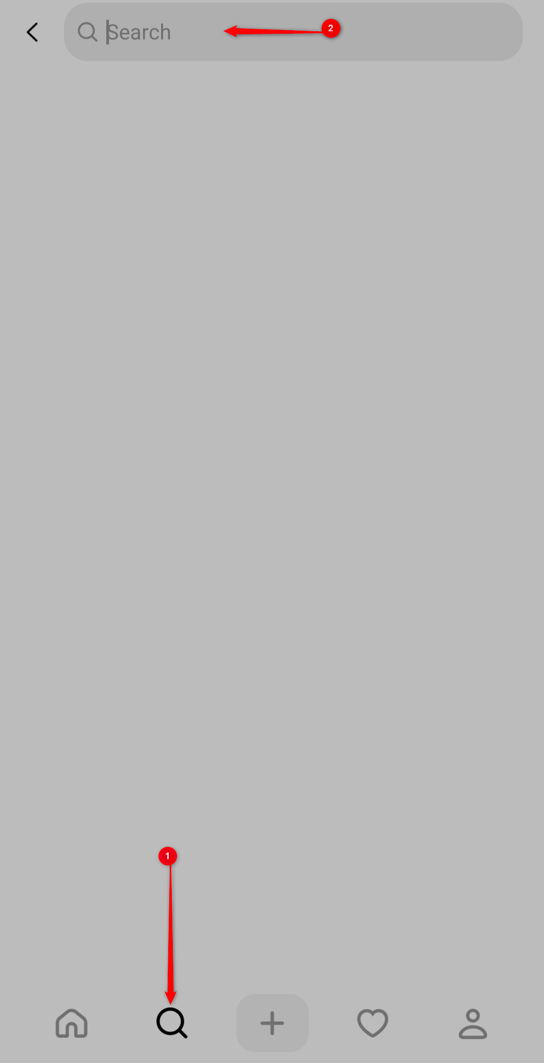 Пошаговая схема поиска ника пользователя в приложении Threads с пронумерованными стрелками.