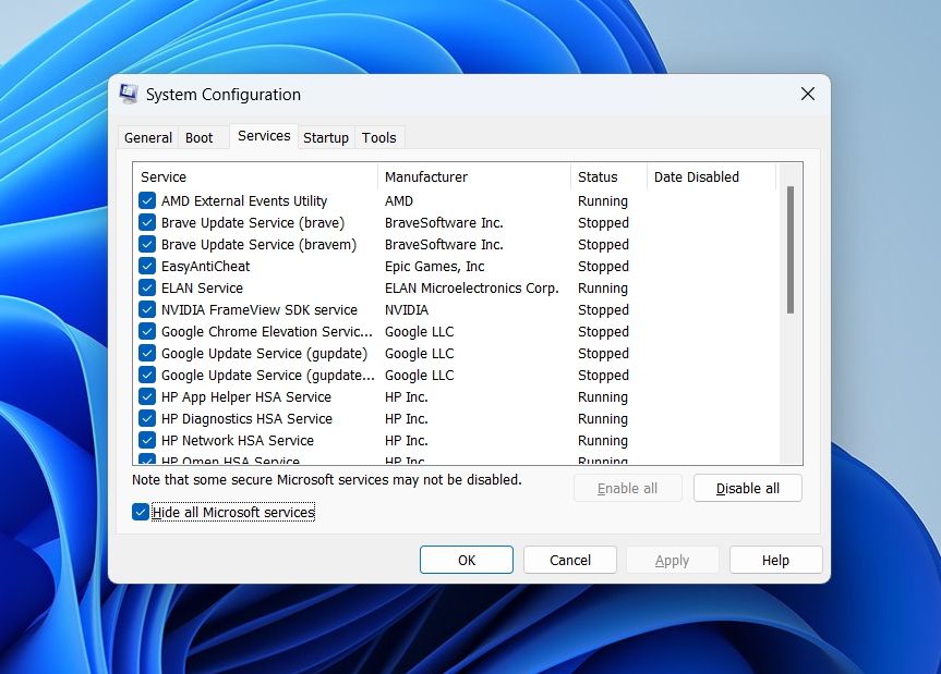 Hide all Microsoft Services option in msconfig window