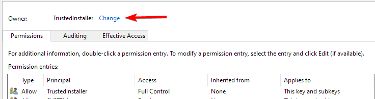 Смена владельца ключа реестра: ввод имени пользователя